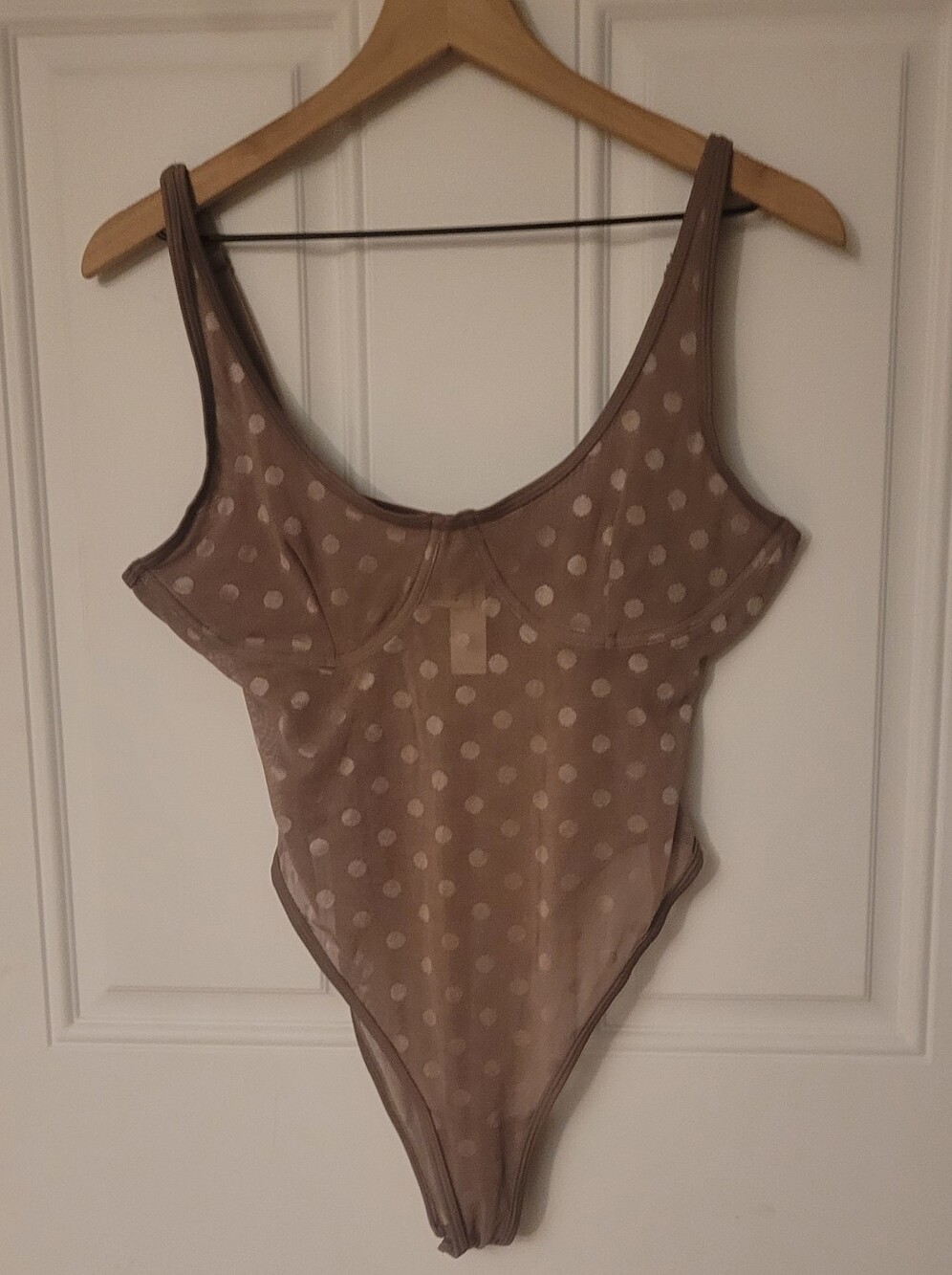 Victoria's Secret Pink Mesh Polka Dot Bodysuit Size Large Brown & White